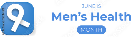 Mens health month concept horizontal banner design template with blue ribbon and text isolated on white background. June is national mens health awareness month vector flyer or poster