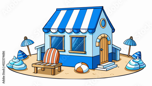 A beachside home with a nautical theme featuring blue and white striped furniture seashell decor and a balcony overlooking the ocean furnishing a. Cartoon Vector