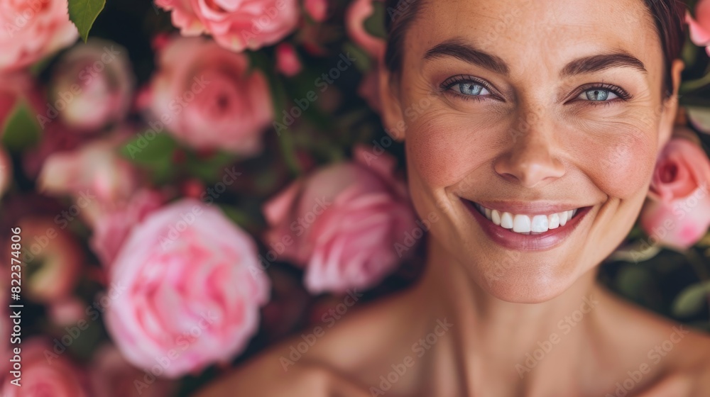 Mature Woman Surrounded by Soft Focus Flowers for Anti-Aging Skincare Poster Design