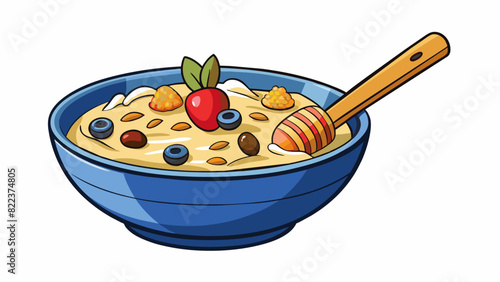 A bowl of piping hot oatmeal topped with sliced almonds fresh berries and a drizzle of honey. The oatmeal is creamy and smooth with a hint of cinnamon. Cartoon Vector