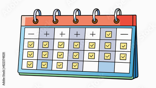 A calendar with marked off days each representing a day where a specific amount of money was saved. The calendar is large and hangs on a wall with. Cartoon Vector