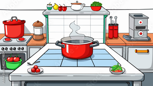 A bustling kitchen with glossy white cabinets and sleek silver appliances. The granite countertops are adorned with stainless steel cooking utensils. Cartoon Vector