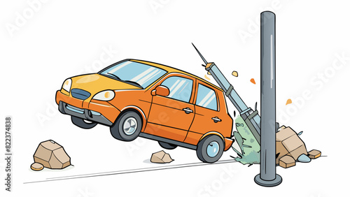 A car crashes into a light pole causing a strong impact as the metal body and glass windows shatter on impact. The airbags deploy with a forceful. Cartoon Vector