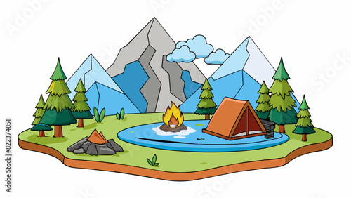 A camping trip in the mountains You embark on a rugged adventure into the mountains where tall pine trees blanket the landscape. The air is crisp and. Cartoon Vector