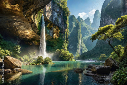 Generative  AI  Natural scenery of mountains with rivers and caves and realistic waterfalls, very natural beauty, amazing waterfalls, views of caves in mountain waterfalls , waterfall, mountains,fores photo