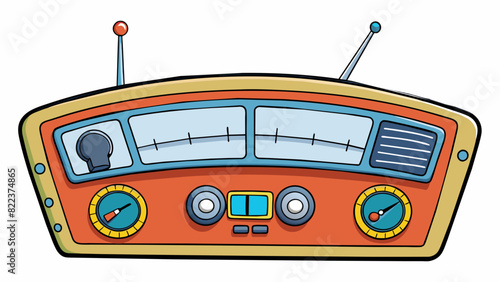 A car dashboard with an array of buttons and s controlling the volume and channels of the radio. The antenna extends out of the corner catching. Cartoon Vector