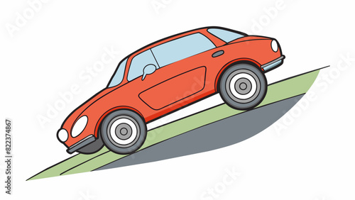 A car accelerating down a hill its wheels spinning and making screeching sounds on the pavement. The car is made of metal and has a smooth aerodynamic. Cartoon Vector