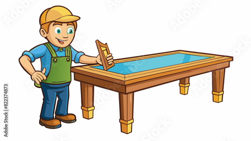 A carpenter admires their newly finished dining table running their hand along the smooth polished surface. The profit is evident in the craftsmanship. Cartoon Vector