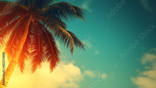 Evening on the beach with palm trees. Palm trees at sunset. 