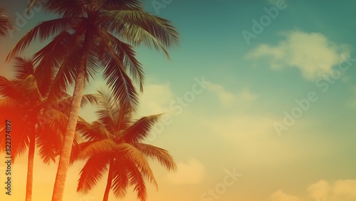 Evening on the beach with palm trees. Palm trees at sunset. 