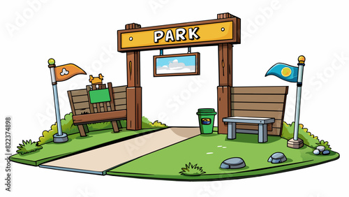 Access to a public park The entrance to the park is marked by a large wooden sign with the park name and opening hours. A clear pathway leads into the. Cartoon Vector