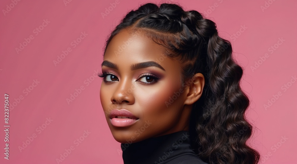 Beautiful attractive black woman model in a fitness costume isolated on pink background Beautiful attractive black woman model in a fitness costume isolated on pink background