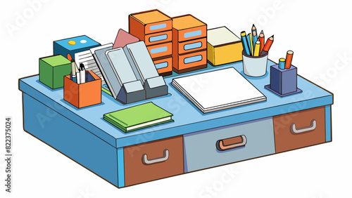 A clutterfree desk with labeled files and neatly arranged stationery exhibiting disciplined work habits and organizational skills.. Cartoon Vector