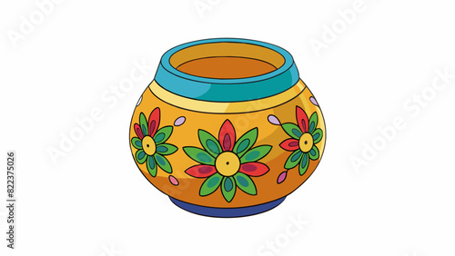 A colorful ceramic pot with a handpainted floral design. It has a round belly and a narrow top creating a uniquely shaped vessel. The vibrant colors. Cartoon Vector