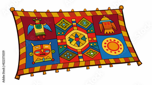 A colorful handwoven tapestry that serves as both a decorative piece and a storytelling medium portraying cultural myths and legends through intricate. Cartoon Vector