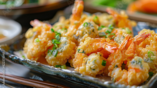 Close-up of crispy shrimp tempura garnished with green onions on a platter.