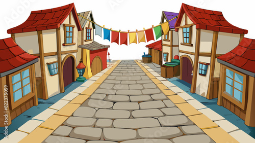 A cobblestone path in a medieval village lined with quaint shops and colorful tapestries hanging from the buildings above.. Cartoon Vector