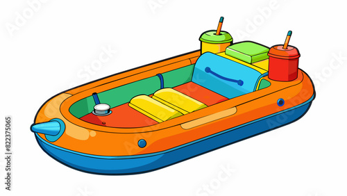 A colorful inflatable rubber boat with an electric motor attached at the back. It has four bright orange paddles lying at the bottom and a small. Cartoon Vector