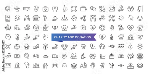 Charity and Donation icon collection. Help, volunteer, donated, assistance, sharing and Linearity symbol. Line icons vector set.