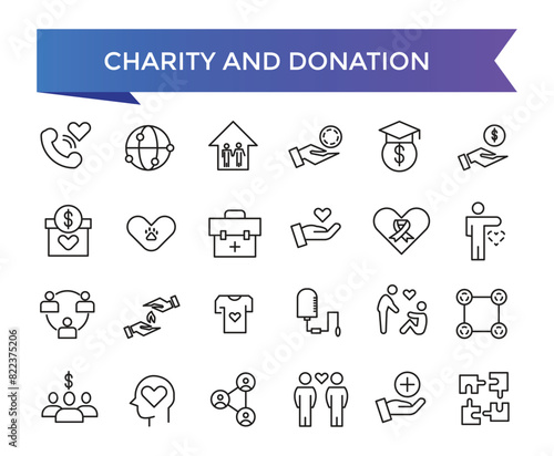 Charity and Donation icon collection. Help, volunteer, donated, assistance, sharing and Linearity symbol. Line icons vector set.