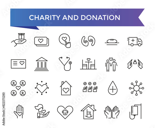 Charity and Donation icon collection. Help, volunteer, donated, assistance, sharing and Linearity symbol. Line icons vector set.