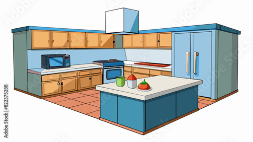 A dream kitchen features ample storage space modern appliances and a spacious countertop for cooking and entertaining.. Cartoon Vector