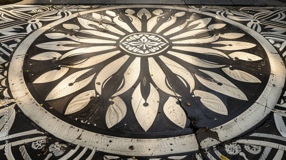 Fototapeta premium Intricate black and white mandala pattern on pavement.