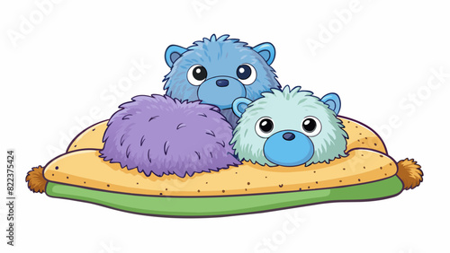 A fluffy pillow p between two plush stuffed animals on a soft velvety bedspread.. Cartoon Vector