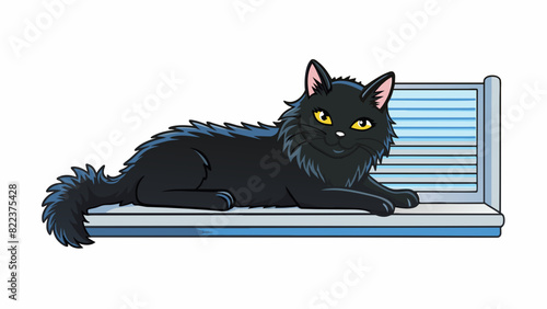 A fluffy jet black cat lazily stretches out on the windowsill its soft fur absorbing the warm sun. The sleek shiny coat ripples as it basks in the. Cartoon Vector