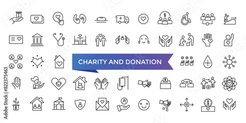 Charity and Donation icon collection. Help, volunteer, donated, assistance, sharing and Linearity symbol. Line icons vector set.