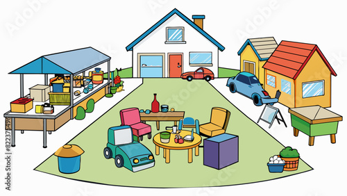 A garage sale in a suburban neighborhood with tables full of items ranging from furniture to toys and books. The objects are gently used but still in. Cartoon Vector