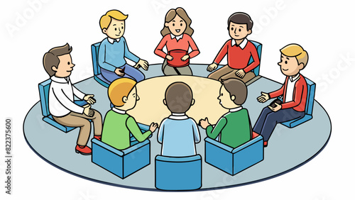 A group of individuals gathered in a circle each one taking turns to voice their opinions while holding a small object such as a pen or a tissue. The. Cartoon Vector