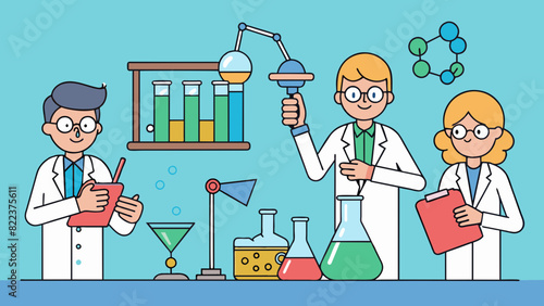 A group of experts analyzing chemical compounds in a lab using specialized equipment to measure their properties such as solubility melting point and. Cartoon Vector