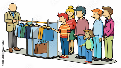 A group of people waiting in line at a clothing store as part of the retail sector of the economy. The store is filled with racks of clothes of. Cartoon Vector