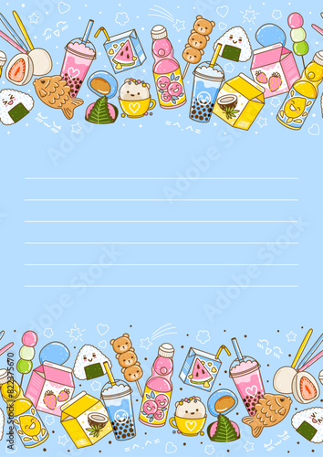 Verical banner with cute asian food elements - cartoon illustration of traditional japanese sweets and drinks with place for text