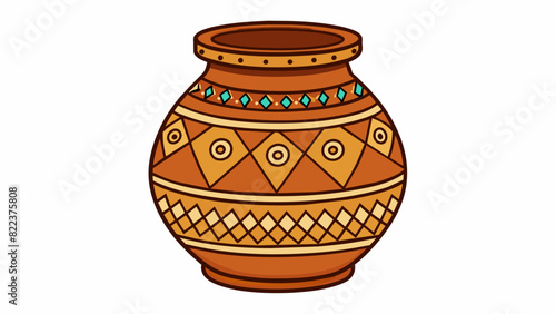 A large clay pot adorned with intricate patterns and designs. Its wide body tapers into a narrow neck creating a unique silhouette. The clay is a deep. Cartoon Vector