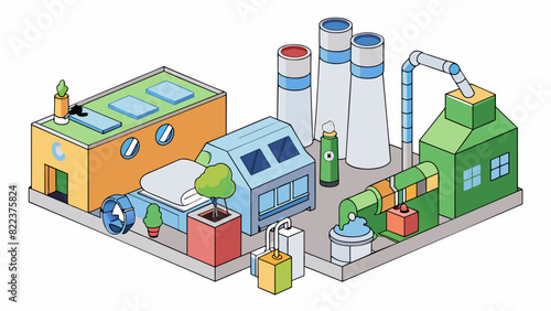 A large manufacturing company that produces ecofriendly cleaning products. The factory floor is a welloiled machine with large vats and machines. Cartoon Vector