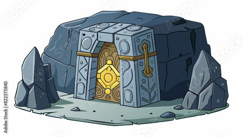 A large heavy block of stone with intricate carvings and symbols covering its surface. It sits at the entrance of a dark cave challenging anyone who. Cartoon Vector