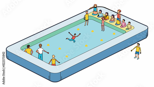 A large rectangular pool filled with clear water is surrounded by a diverse crowd of people. In the middle of the pool a person is standing on a. Cartoon Vector