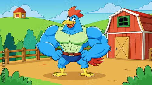 A large muscular chicken with vibrant green and blue feathers strutting confidently around the barnyard.. Cartoon Vector