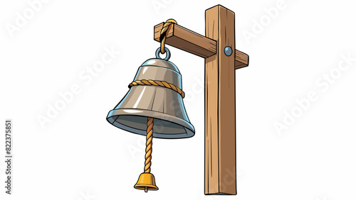 A large metal bell attached to a wooden post with a rope dangling from it. The metal has a dull rusty finish and the bell emits a loud highpitched. Cartoon Vector