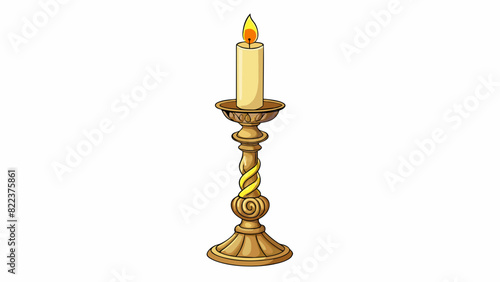 A large ornate candlestick its brass surface reflecting the dancing flame of a tall white candle. The base is wide and sy while the stem twists and. Cartoon Vector