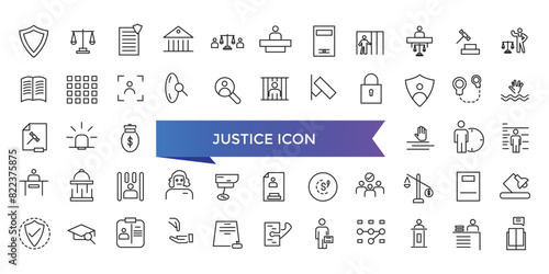 Justice icon collection. Related to justice law, court legal, lawyer, judgment, authority, criminal and prison icons set.