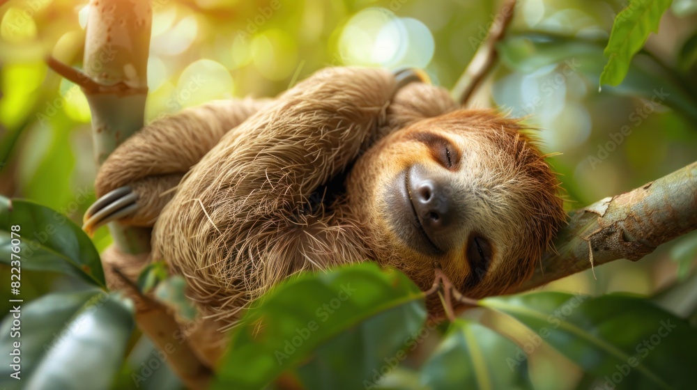 A sleepy sloth hanging upside down from a tree branch, its eyes barely open, as it dreams of a world where it doesn't have to move. A sleepy sloth hanging upside down from a tree branch, its eyes barely open, as it dreams of a world where it doesn't have to move.