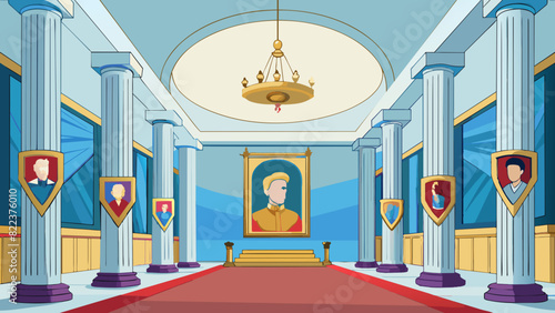 A marble hall with tall columns and a high ceiling where portraits of past rulers line the walls and a large chandelier hangs from the center casting. Cartoon Vector