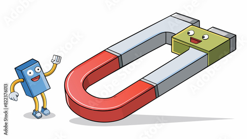 A magnet attracting a paperclip from a distance pulling it towards itself with immense strength. The paperclip is made of metal and is small and. Cartoon Vector