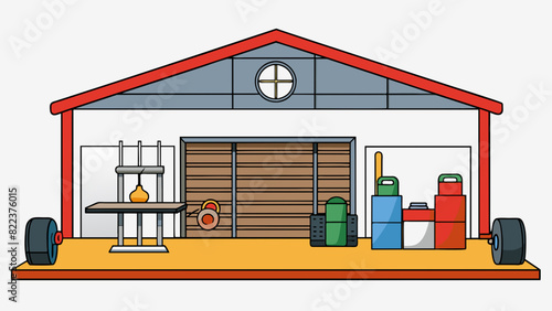 A makeshift garage with old wooden walls and a worn out tarp acting as a roof. The main object in the center is a rusted bicycle with flat tires and a. Cartoon Vector