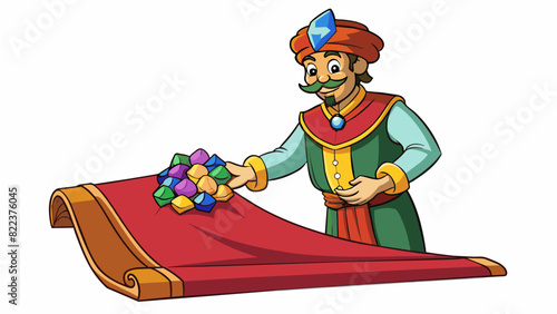 A merchant trading a handful of shiny gemstones for a bolt of luxurious silky fabric. The gemstones are smooth and radiate light while the fabric is. Cartoon Vector