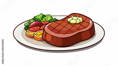 A mediumrare steak Grilled to perfection this steak has a pink center with a slightly charred exterior. It is juicy and tender with a rich beefy. Cartoon Vector