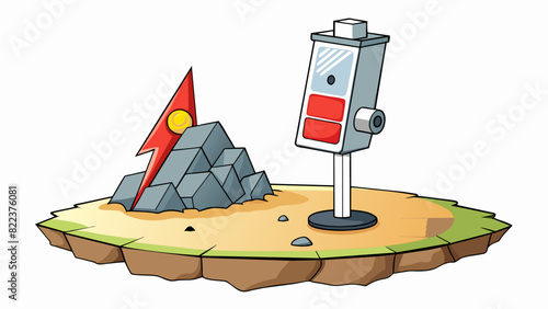 A metal post juts out of the ground topped with a small solar panel that powers a blinking red light. Its purpose is to warn passing ships of. Cartoon Vector